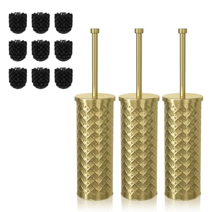 Toilet Bowl Brush and Holder Set 3 Pack with 6 Extra Brush Heads (Gold) | Extra Long Handle with Splash Guard Cover, Tool-Free Installation, Bathroom Space-Saving, Cleaner Sets for Apartments, RV - color: Gold