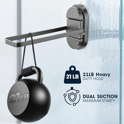 Foldable Suction Towel Bar, No Drill Stainless Steel | Heavy-duty bathroom towel holder for towels and robes. Fits tile, glass, mirrors & RV. Reusable, rustproof and residue-free - color: Silver Black