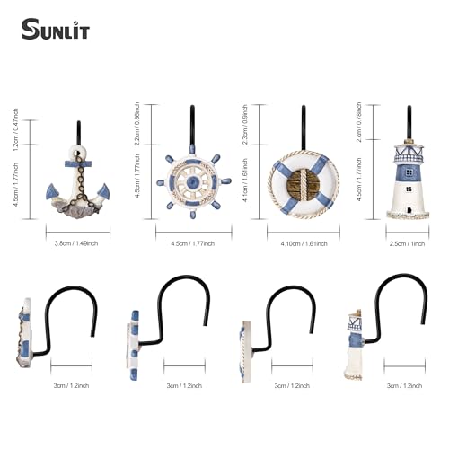 Sunlit Nautical Shower Curtain Hooks, Home Decorative Coastal Shower Curtain Rings with Black Hooks for Bathroom, Resin, Ocean Shower Curtain Hanger Hooks for Living Room, Set of 12, Blue Nautical Set - size: Nautical Set With Black Hooks
