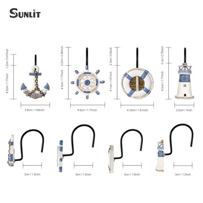 Sunlit Nautical Shower Curtain Hooks, Home Decorative Coastal Shower Curtain Rings with Black Hooks for Bathroom, Resin, Ocean Shower Curtain Hanger Hooks for Living Room, Set of 12, Blue Nautical Set - size: Nautical Set With Black Hooks