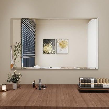 Rectangular Beveled Bathroom Mirrors, 32X55 inch Beveled Bathroom Mirror， | Frameless Mirrors for Bathroom,bedroom/wall/makeup area/cloakroom, hung horizontally or vertically. - size: 32"L x 55"W