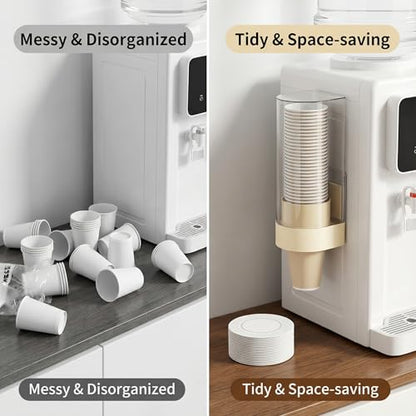 Cup Dispenser Wall Mounted, Large Capacity Bathroom Cup Holder for 4-6oz Cups, Dustproof Water Cooler Organizers with 50 Absorbent Coasters, Beige