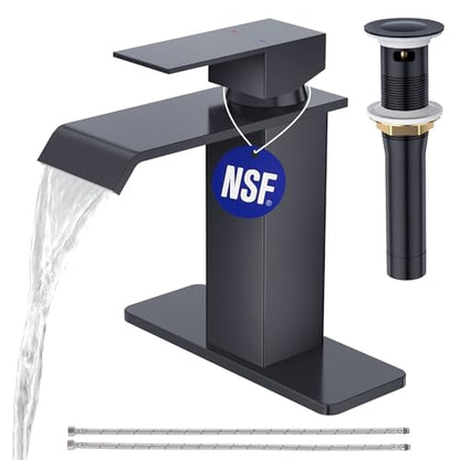 CREA Black Waterfall Bathroom Faucet 1 Hole,Matte Black Bathroom Faucet Single Handle Bathroom Sink Faucet with Pop Up Drain Stopper/ 3 Hole Plate,Stainless Steel RV Vanity Faucet Basin Mixer Tap - color: Black, style: Wide Spout