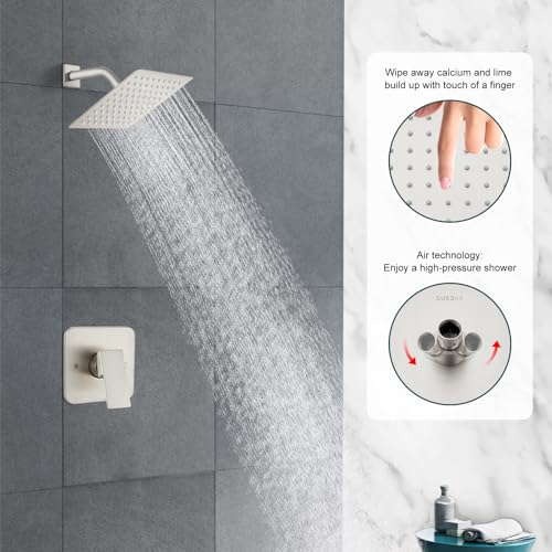 Heyalan 8 Inch Square Rain Shower Faucet Set with Valve, Brushed Nickel | Female-thread 1/2-inch NPT connections, SUS304 shower head, brass rough-in valve, single-handle control Shower Set - color: Nickel, size: 8 Inch Square Shower Head