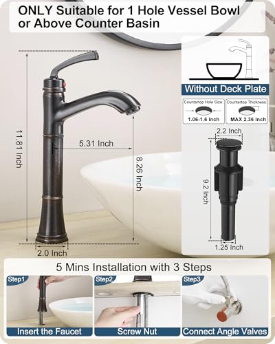 Brass Tall Bathroom Faucet 1 Hole, Oil Rubbed Bronze Bathroom Vessel Sink Faucet Single Handle with Pop-Up Drain & Pre-Installed Hoses, 5 Mins Install - color: Oil Rubbed Bronze
