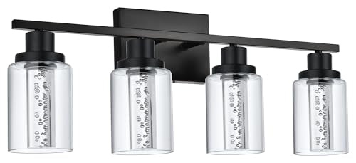 MELUCEE 4-Light LED Bathroom Light Fixtures Over Mirror 5 Color Temperature | Dimmable LED Vanity Light 3000K-6000K Black Bath Wall Lights with Crystal Bubble Clear Glass Shade, Built-In LED Chips - color: Black, size: LED-4 Lights