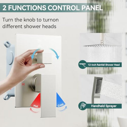 Shower System Shower Faucet Set, STARBATH 12" Ceiling Mount Rain Shower Head and Handheld Spray for Two Person, Shower Faucet Set with Diverter Valve and Trim Kit Complete,Brushed Nickel