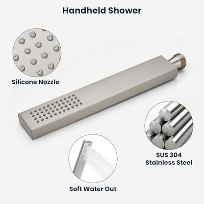 gotonovo Rainfall Shower System with Full Body Jets 4pcs Brushed Nickel | 12’’ Rainfall Shower Head with Handheld Spray Combo,Wall Mount,Rough-in Valve and Trim Kit,Brass Body Message Jets,All Metal - color: Nickel