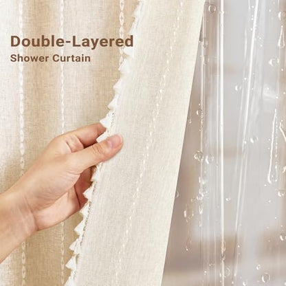 BTTN 3 in 1 Shower Curtain with Liner, 96 Extra Long Boho Linen Striped Cloth Shower Curtain Set with Hook, Tall Farmhouse Bohemian Waterproof Fabric Shower Curtain for Bathroom, Cream/Beige, 72x96 - color: Cream With Liner, size: 72"W x 96"L (Pack of 1)