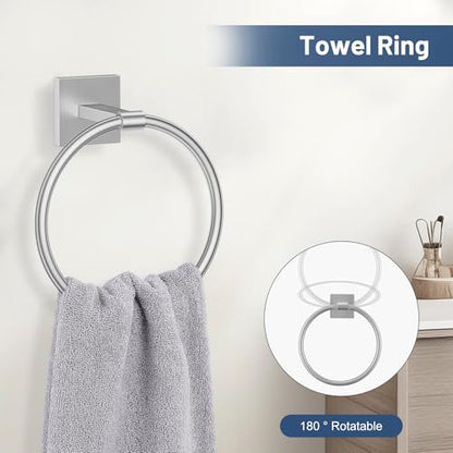TURS 5-Pieces Brushed Nickel Bathroom Hardware Set 23.6 Inch SUS304 Stainless Steel Towel Bar Set Wall Mounted Square Toilet Paper Holder with Shelf - color: Brushed Nickel, size: 5-Pieces Set
