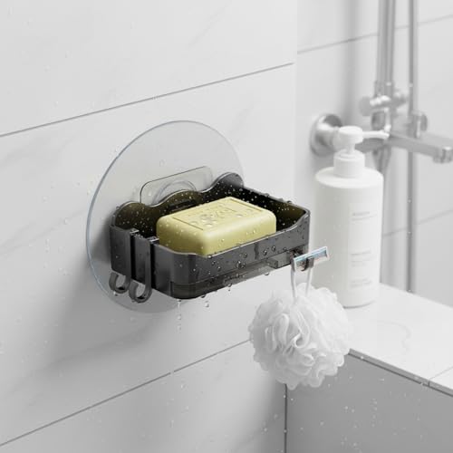 Suction Cup Soap Dish, Double Layer Wall Mount Holder for Shower & Sink, No Drill PP Plastic Drainage Tray (1 Pack) - color: Black