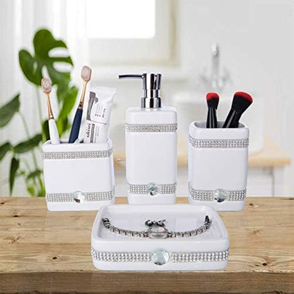CAA'S Bathroom Accessories Set Ceramic 4 Pieces Bathroom Ensemble for Bath Decor Includes Lotion Dispenser Toothbrush Holder Tumbler Soap Dish (White Inlaid Zircon) - style: Luxurious