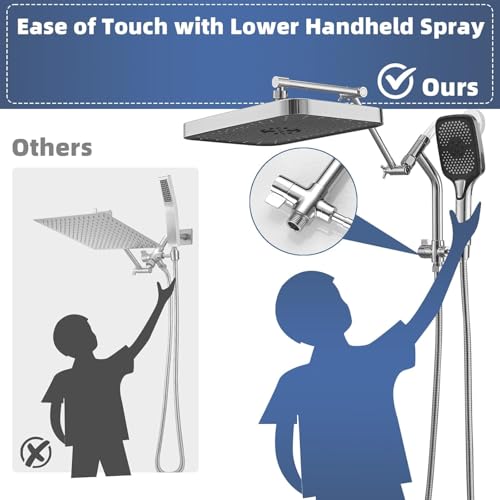 14" High Pressure Rain/Rainfall Shower Heads With Handheld Spray Combo (3+1 Settings & Built-in Power Wash Mode), Double/Dual Shower Head With Handheld - Height/Angle Adjustable(Polished Chrome) - color: Polished Chrome, size: 14 Inch