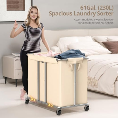 Hodonas Rolling Laundry Hamper 2-Section, Beige, 31.5"Lx15.75W"x30.7"H | 230L(61Gal) Storage Capacity, with Metal Structure, Removable Liner, and Silent Casters, Sturdy Clothes Hamper for Home