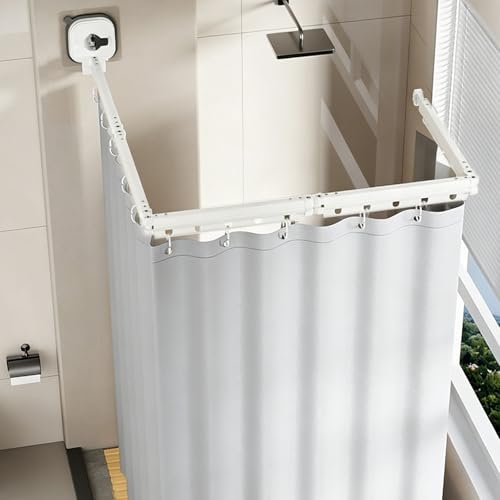 Wall Mounted Folding Shower Curtain, Punch-Free Suction Cups Folding Shower Curtain Rod, Adjustable Heavy Duty Shower Rod with Curtains for Bathroom Bathtub(White,5-Folds (Curtain 1.5m x 2m)) - color: White, size: 5-Folds (Curtain 1.5m x 2m)