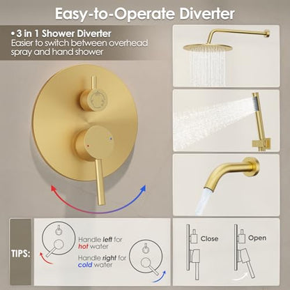 Gabrylly Shower System, 10" Bathtub Shower Faucets Set, Brushed Gold | All Metal Rain Shower Head with Handheld Spray Combo and Tub Spout, Luxury Bathroom Rainfall Shower Head Set With Valve - color: Gold