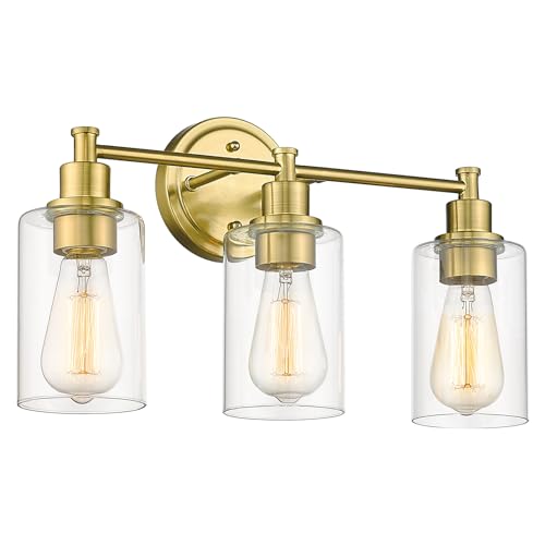 FEMILA Bathroom Vanity Light,Farmhouse Modern Vanity Lighting fixtures,Vintage Wall Lamp, Champagne Gold Finish with Clear Glass Shade,4FYC56B-3W BG - color: Champagne Gold, size: 17.3"