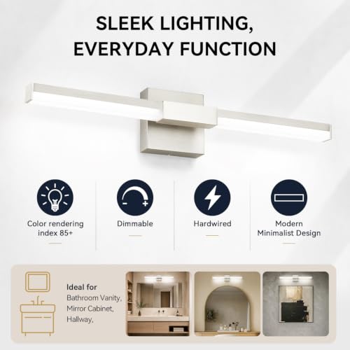 SOLFART Bathroom Light Fixture Dimmable: Brushed Nickel 24-Inch Built-in Step Dimming Vanity Lights for Bathroom ETL IP44 - color: Brushed Nickel-6000K, 5-Step Brightness Control, size: 24 inch
