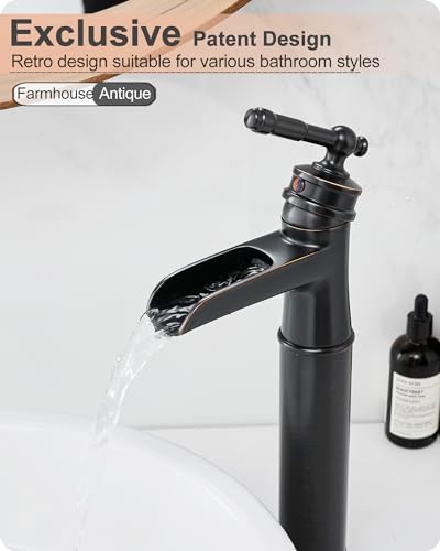Brass Vessel Sink Faucet Oil Rubbed Bronze, Waterfall Tall Bathroom Faucet 1 Hole with Single Handle, Pop-Up Drain & Water Hose for Farmhouse Vanity Restroom Vessel Bowl Sink, 5 Mins Install - color: Oil Rubbed Bronze - Farmhouse