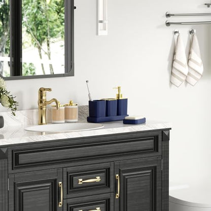 XLHOMO Bathroom Accessory Set - Gorgeous Bathroom Set, 7PC Blue Bathroom Set, Soap Dispenser, Toothbrush Holder, Qtip Holder Set, Bathroom Sets Complete, Bathroom Sink Set for Home Decor - style: Navy Blue&Gold