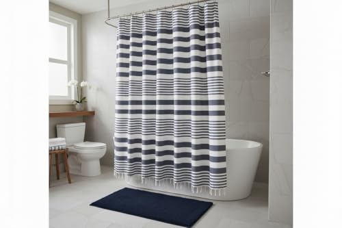 Blue and White Striped Cotton Fabric Shower Curtain with Fringe for Bathtub or Shower, Machine Washable Bath Curtain, 72 x 72 Inch, Margot Denim - color: Margot Denim