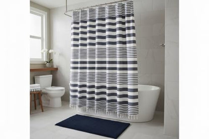 Blue and White Striped Cotton Fabric Shower Curtain with Fringe for Bathtub or Shower, Machine Washable Bath Curtain, 72 x 72 Inch, Margot Denim - color: Margot Denim