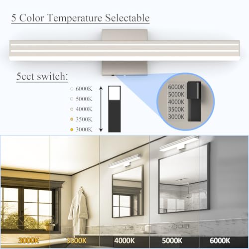 Ralbay 24inch Brushed Nickel Vanity Light with 5 Color Temperature (2700K-6000K) Dimmable Acrylic Metal 24W LED Modern Bathroom Vanity Light Bar - color: Brushed Nickel, size: 24 inch
