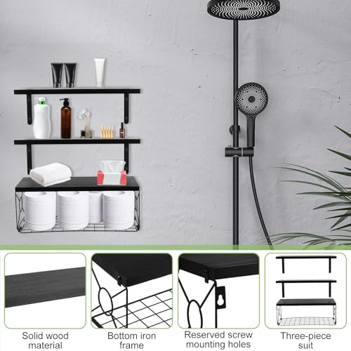 Floating Shelves with Wire Storage Basket, Bathroom Shelves Over Toilet with Protective Metal Guardrail, Versatile Storage Function Hanging Storage Wall Shelf for Bathroom, Bedroom, Living Roomv