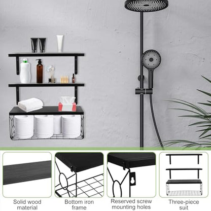 Floating Shelves with Wire Storage Basket, Bathroom Shelves Over Toilet with Protective Metal Guardrail, Versatile Storage Function Hanging Storage Wall Shelf for Bathroom, Bedroom, Living Roomv