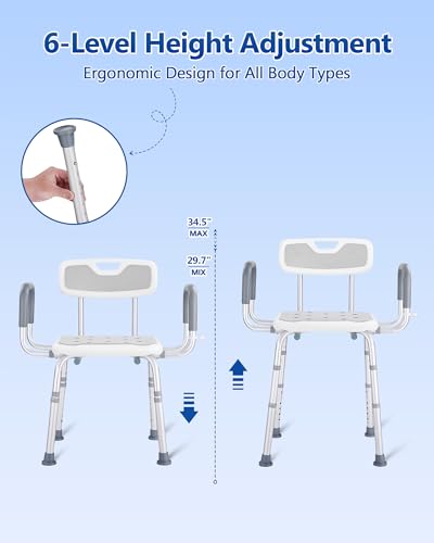 Shower Chair with Back and Arms, 330 lb Capacity | Height Adjustable, Padded Armrests, Non-Slip Seat, For Seniors, Elderly and Disabled Users