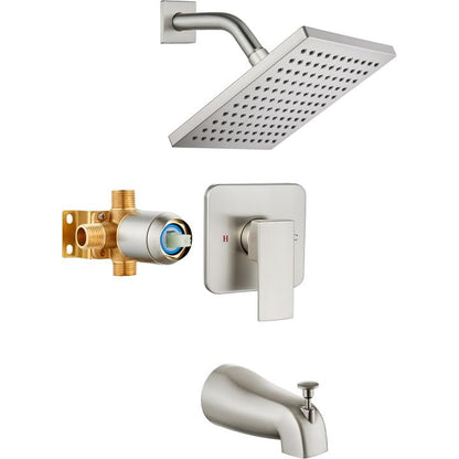 Heyalan 8-Inch Shower Faucet Set with Tub Spout and Valve,Brushed Nickel | 8-inch square rainfall head, tub spout with diverter, male-thread rough-in valve, single-handle control and wall-mount design - color: Brushed Nickel, size: 8 Inch Square Shower He