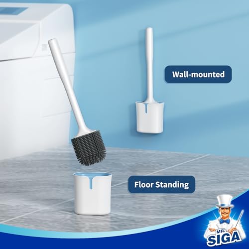 MR.SIGA Toilet Brush and Holder Wall Mounted, White, 1 Pack | Compact space saving toilet cleaner brush, scratch free thermoplastic rubber head, easy to clean and dry quickly - color: White