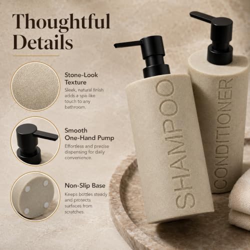 Resin 2 Pack Shampoo, Conditioner or Body Wash Dispenser Set, Luxurious Refillable Pump Bottles with Matte Pump Top and Embossed Text, Durable Design for Bathroom and Shower - color: Tan Shampoo & Conditioner