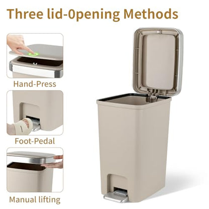 UUJOLY Small Bathroom Trash Can with Lid Step Pedal, 2.6 Gallon, Khaki | Soft-Close Sturdy Garbage Can + 3 Rolls Trash Bags, For Bathroom, Kitchen, Bedroom, Office, Dorm, Laundry, RV - color: Khaki