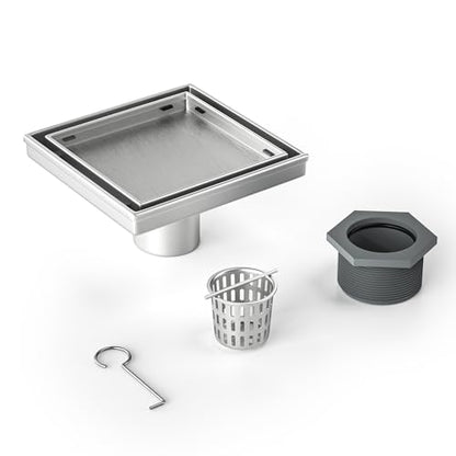 Square Shower Drain, 304 Stainless Steel Floor Drain 6" | with Tiled Insert Grate & Hair Strainer, Bathroom 2-in-1 Tiled in Drain, CUPC Certified - color: Brushed, size: 6''