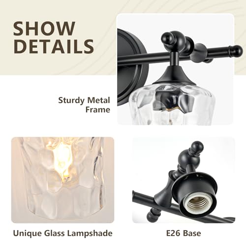 3-Light Bathroom Vanity Light Fixture Over Mirror, Matte Black | Clear Hammered Glass Shades, Beaded Crossbar Frame, Rippled Glow, Wall Mount Up or Down, E26 Socket, Hardwired, 120V - color: Matte Black