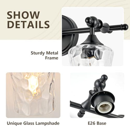3-Light Bathroom Vanity Light Fixture Over Mirror, Matte Black | Clear Hammered Glass Shades, Beaded Crossbar Frame, Rippled Glow, Wall Mount Up or Down, E26 Socket, Hardwired, 120V - color: Matte Black