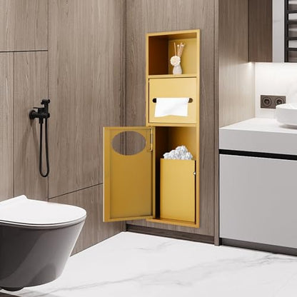 Stainless Steel Shower Niche, 7.9" X 5.3" X 24.8" Recessed Shower Storage Cabinet, 44.09 Lbs Load-Bearing Capacity Wall-Mounted Tissue Paper Roll Rack Dispenser with Trash Can (Gold) - color: Gold