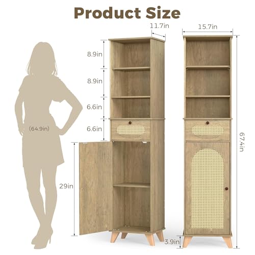 Quikraen Tall Bathroom Storage Cabinet with Rattan, Adjustable Shelves Bathroom Cabinet Storage Narrow Toilet Paper Storage Cabinet for Small Spaces,Living Room Dining Room Laundry,67.4in