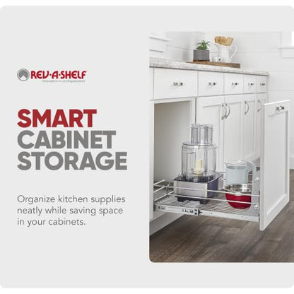 Rev-A-Shelf Steel Wire Pullout Drawer Organizer Shelf for Kitchen Cabinets, Slide Out Storage Basket, Min Opening Width of 20.5", 21" x 22", 5WB1-2122CR-1 - size: 21" W x 22"D, style: Single Tier
