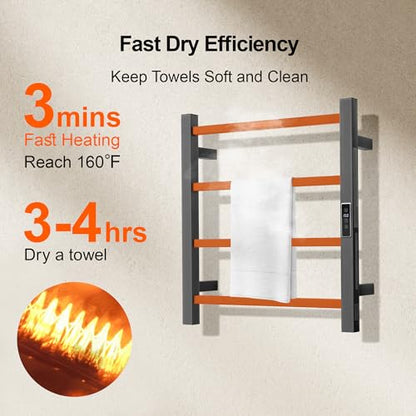 Electric Heated Towel Warmer - Wall Mounted Bathroom Towel Rack, Plug-in Design & Brushed Stainless Steel Finish Gunmetal with Timer & Temperature Control 4 Bar - color: Square Gunmetal With Timer, size: 4 Bar