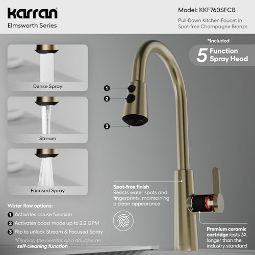 Karran Elmsworth Commercial Style Pull-Down Kitchen Faucet with Dual Interchangeable Spray Heads 5-Function Revolve MAX & 3-Function Revolve Mini Aerator High-Arc Spout (Spot Free Champagne Bronze) - color: Spot Free Champagne Bronze