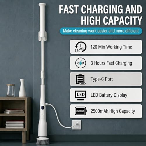 Electric Spin Scrubber, High Torque Deep Cleaning Scrubber, Cordless Cleaning Brush with Adjustable Handle & 7 Replaceable Heads, Heavy-Duty Bathroom Scrubber for Bathroom Cleaning (White)