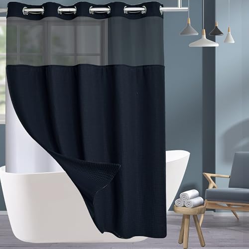 Conbo Mio Extra Long No Hook Waffle Weave Shower Curtain with Snap in Liner Set, Hotel Luxury Black Shower Curtains for Bathroom with See Through Top Window, Waterproof, Washable 71W x 84H - color: Waffle-black, size: 71"W x 84"L (Pack of 1)
