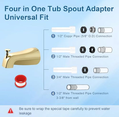 Universal Gold Tub Spout for 1/2" Copper Pipe, 1/2" IPS and 3/4" IPS, Bathtub Faucet with Diverter and Adapter and Hex Wrench (Polished Gold) - color: Polished Gold