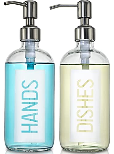 JASAI 2Pack 18OZ Glass Soap Dispenser with Hands & Dishes Printed Label. | Kitchen Soap Dispenser with Rustproof 304 Stainless Steel Pump for Hand Soap & Dish Soap (White) - color: White With White Pump