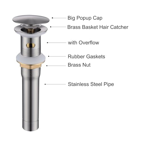 Polished Brushed Nickel Vessel Sink Drain - Bathroom Pop-Up Drain with Detachable Basket Stopper, Anti-Clogging Strainer & Overflow Protection - color: Brushed Nickel, size: with overflow