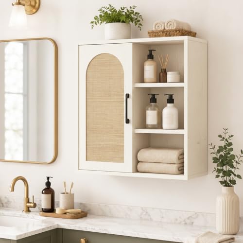 RUSTOWN Boho Rattan Bathroom Wall Cabinet with Sliding Door, Vintage White | Farmhouse Bathroom Cabinet, Adjustable Shelves, Over The Toilet Storage Cabinet, 3-Tier Wall Mounted Cabinets - color: Vintage White