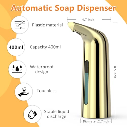 Automatic Liquid Soap Dispenser, 4-Level,Rechargeable | Plastic,13.5oz/400ml Gold Touchless Electric Hand & Dish Countertop Soap Dispensers with Sensor for Bathroom,Kitchen Sink - color: Gold, style: Rechargeable