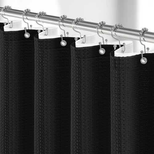 Stall 3 in 1 Waffle Shower Curtain Set with Liner 48x72 Black | 48 Inch Wide, Waterproof Clear PEVA Liner, 256GSM Heavy Duty Fabric, Hotel Luxury Shower Curtains for Bathroom, 8 Hooks - color: A Black, size: 48"W x 72"L (Pack of 1)